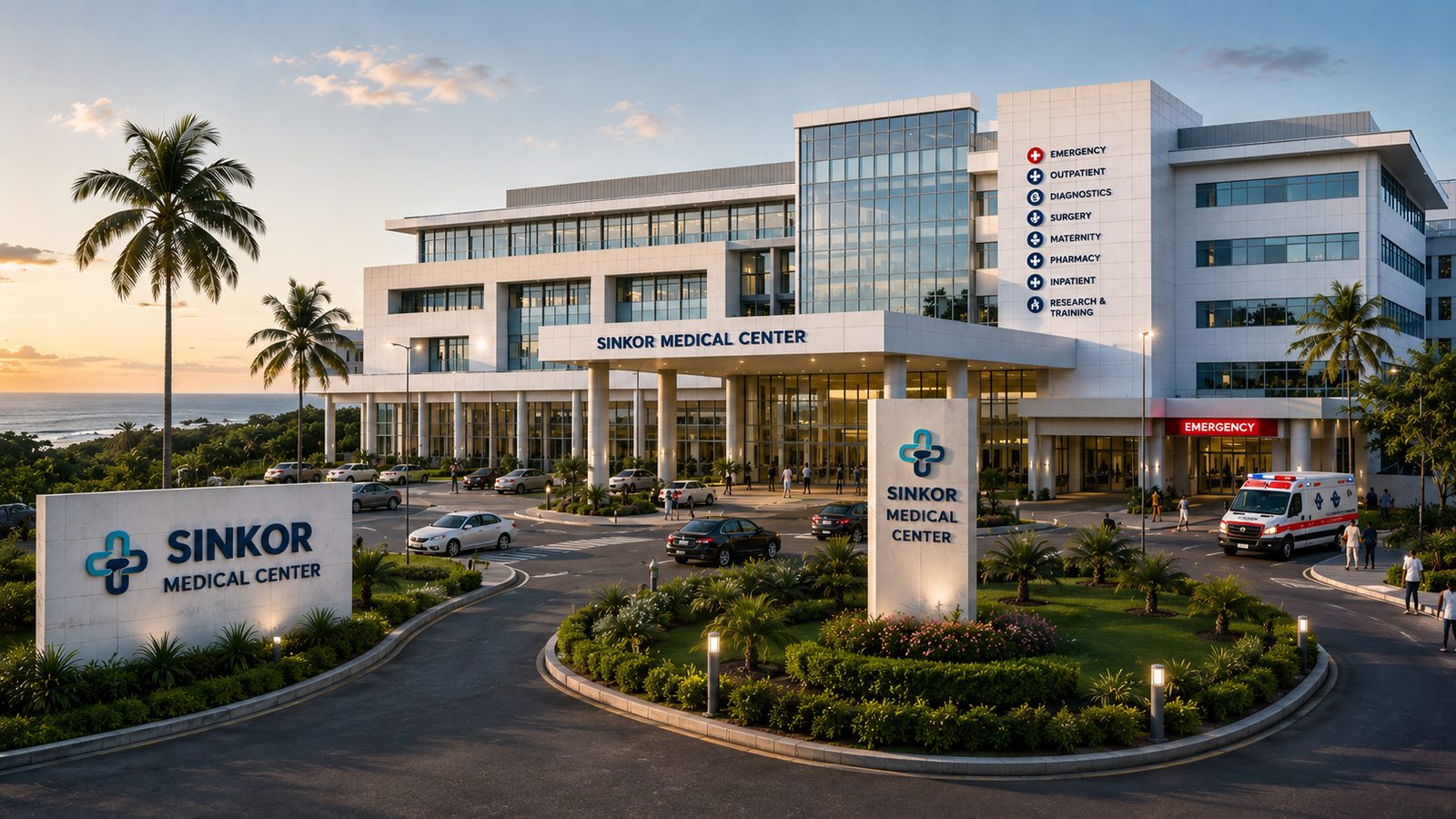 Sinkor Medical Center at dusk: the main entrance on Tubman Boulevard, with the emergency entrance and an ambulance to the right.